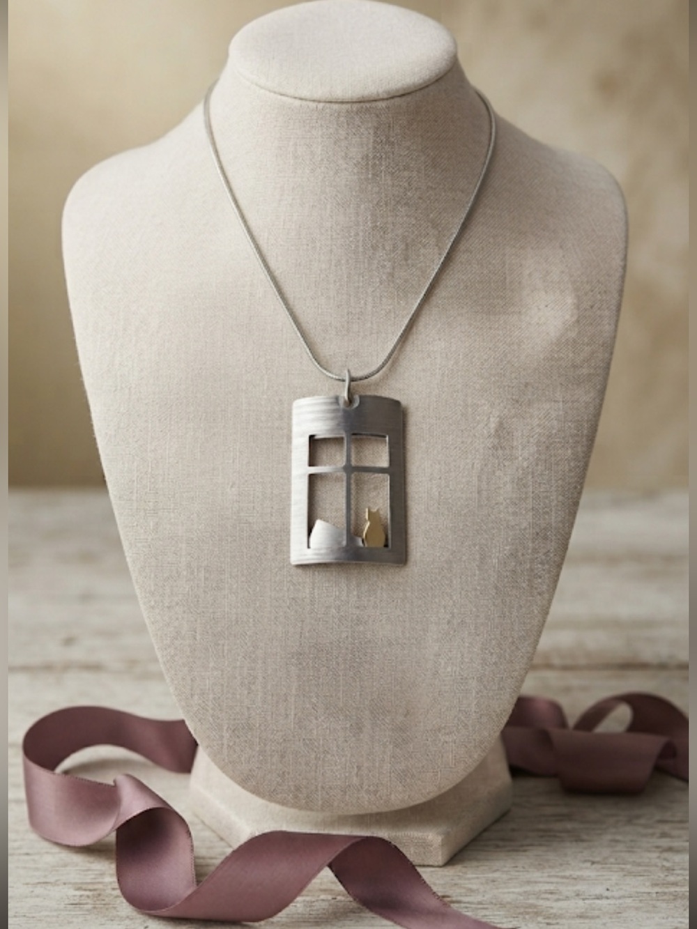 Mixed Metal Cat Silhouette Charm Necklace